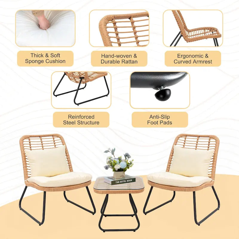 Patio Furniture Sets Rattan Wicker Outdoor Bistro Sets with Cushions (Set of 3) - 23.23 L x 29.53 W x 32.28 H