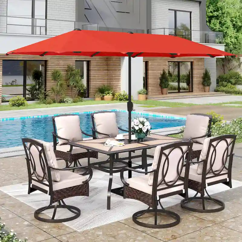 7/8-Piece Patio Dining Set of 6 Swivel Metal Rattan Chairs with Deep-seating Chairs and Wood-like Table & Outdoor Umbrella - N/A