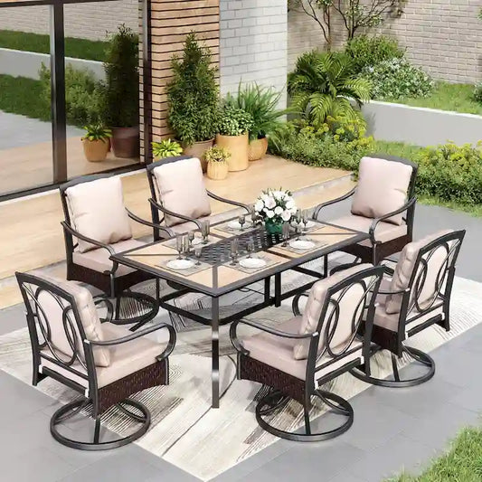 7/8-Piece Patio Dining Set of 6 Swivel Metal Rattan Chairs with Deep-seating Chairs and Wood-like Table & Outdoor Umbrella - N/A