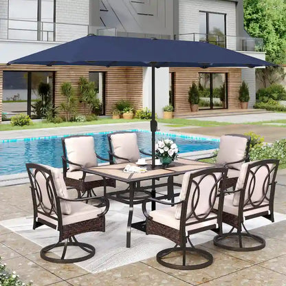 7/8-Piece Patio Dining Set of 6 Swivel Metal Rattan Chairs with Deep-seating Chairs and Wood-like Table & Outdoor Umbrella - N/A