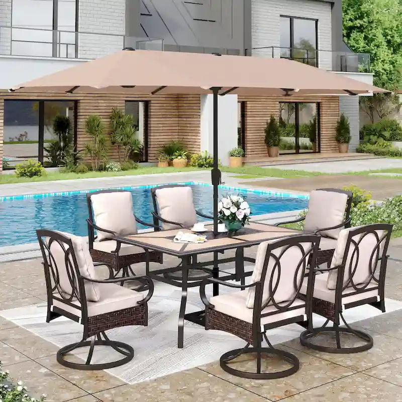 7/8-Piece Patio Dining Set of 6 Swivel Metal Rattan Chairs with Deep-seating Chairs and Wood-like Table & Outdoor Umbrella - N/A
