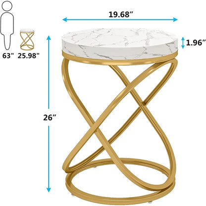 26 Inches White and Gold Faux Marble Top Nightstands Round End Table