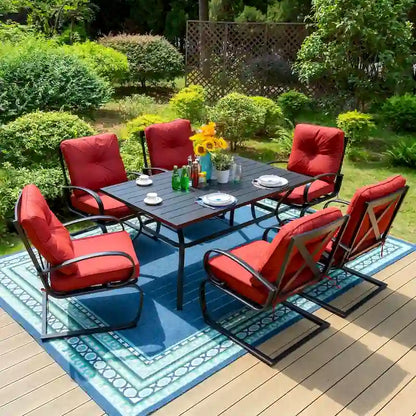Metal Outdoor Patio Dining Sets 7 Pieces, 6 Spring Motion Chairs with Cushions and 1 Rectangular Metal Table