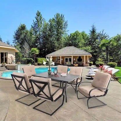 Metal Outdoor Patio Dining Sets 7 Pieces, 6 Spring Motion Chairs with Cushions and 1 Rectangular Metal Table