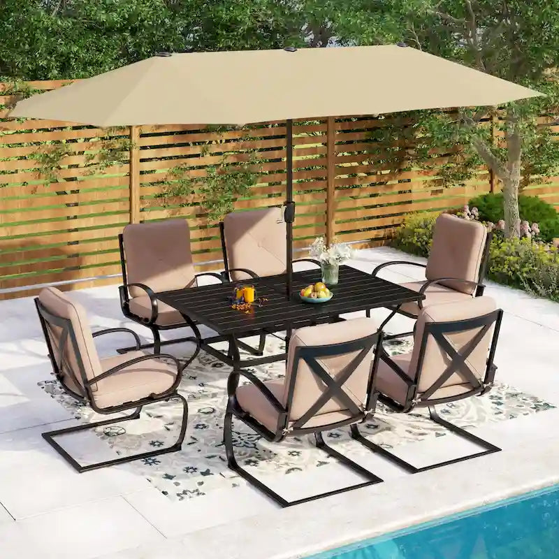 Metal Outdoor Patio Dining Sets 7 Pieces, 6 Spring Motion Chairs with Cushions and 1 Rectangular Metal Table