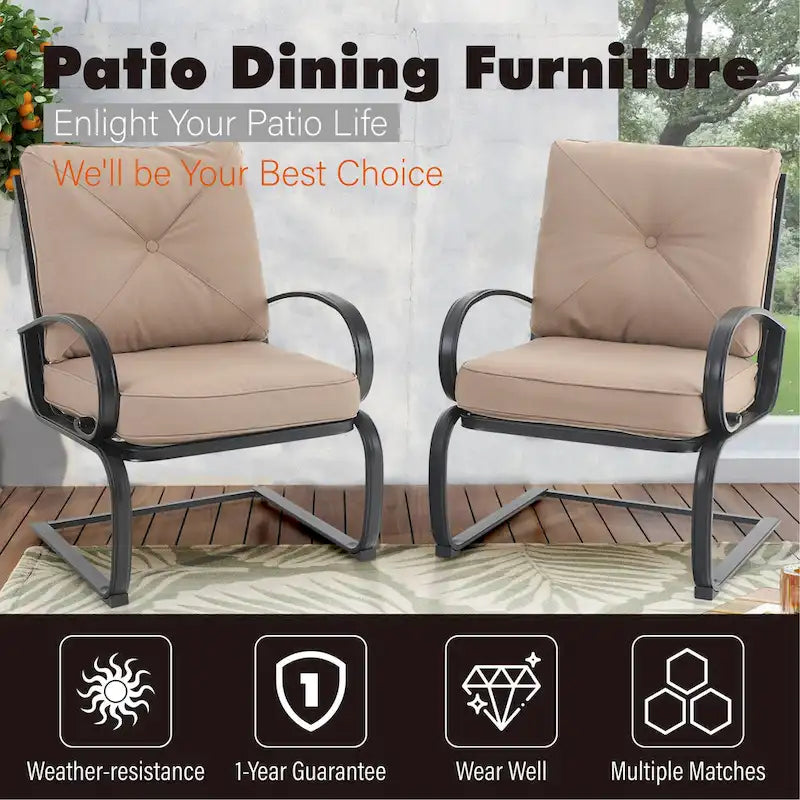 Metal Outdoor Patio Dining Sets 7 Pieces, 6 Spring Motion Chairs with Cushions and 1 Rectangular Metal Table