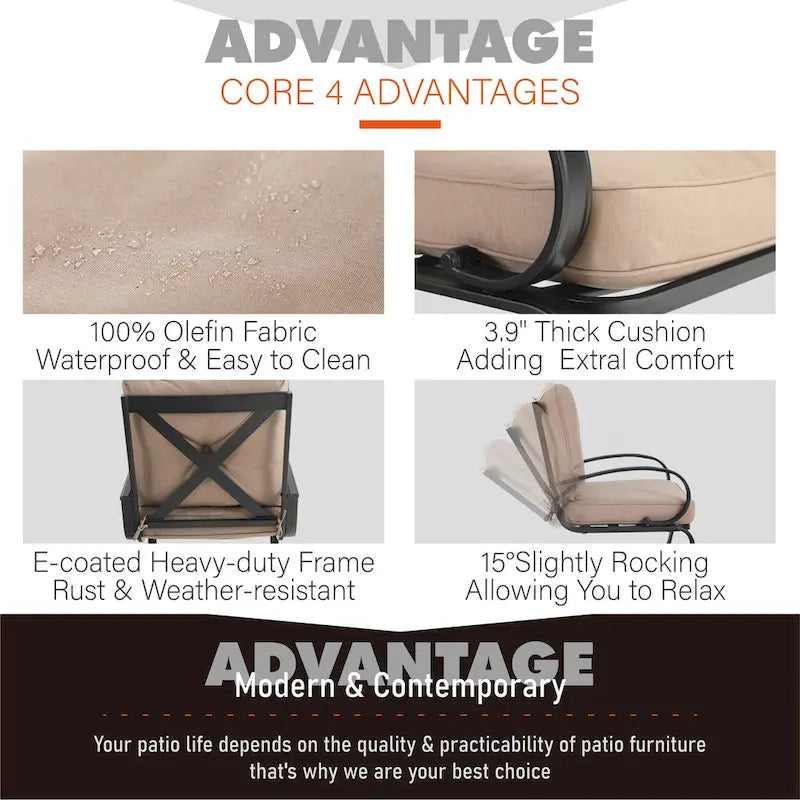 Metal Outdoor Patio Dining Sets 7 Pieces, 6 Spring Motion Chairs with Cushions and 1 Rectangular Metal Table