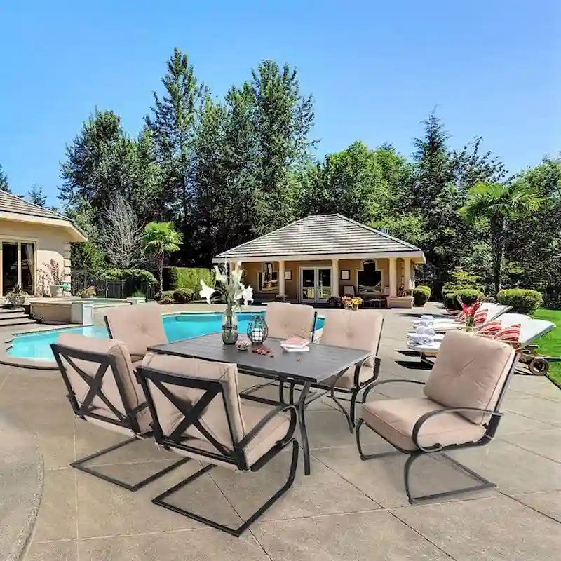 Metal Outdoor Patio Dining Sets 7 Pieces, 6 Spring Motion Chairs with Cushions and 1 Rectangular Metal Table