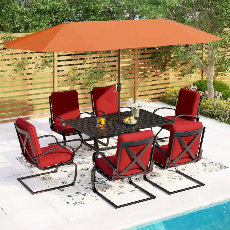 Metal Outdoor Patio Dining Sets 7 Pieces, 6 Spring Motion Chairs with Cushions and 1 Rectangular Metal Table