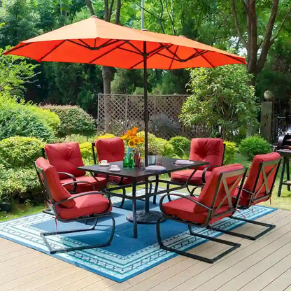 Metal Outdoor Patio Dining Sets 7 Pieces, 6 Spring Motion Chairs with Cushions and 1 Rectangular Metal Table