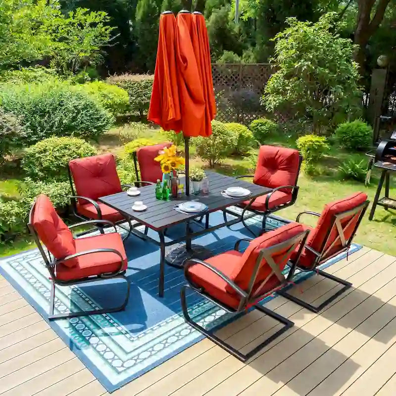 Metal Outdoor Patio Dining Sets 7 Pieces, 6 Spring Motion Chairs with Cushions and 1 Rectangular Metal Table