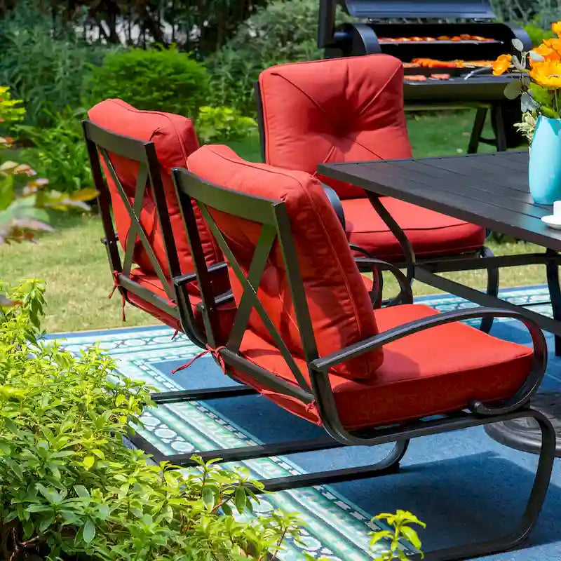 Metal Outdoor Patio Dining Sets 7 Pieces, 6 Spring Motion Chairs with Cushions and 1 Rectangular Metal Table