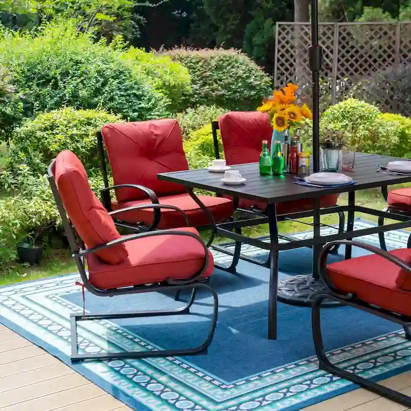 Metal Outdoor Patio Dining Sets 7 Pieces, 6 Spring Motion Chairs with Cushions and 1 Rectangular Metal Table