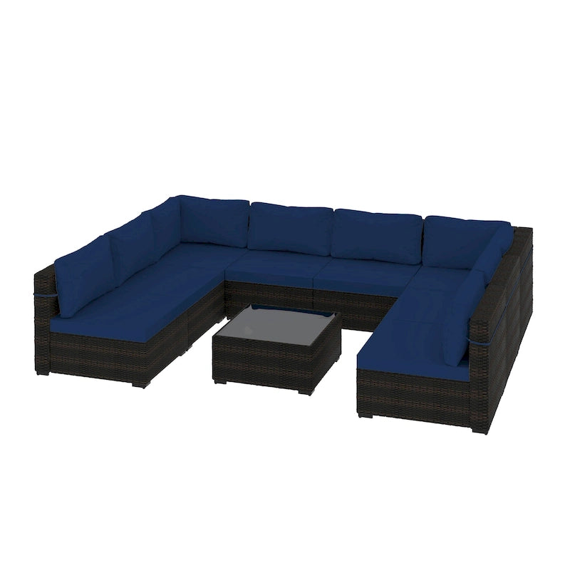 UPHA 9 Pieces Patio Furniture Set Outdoor Sectional Sofa Set, Brown PE Rattan Wicker Conversation Set with Coffee Table