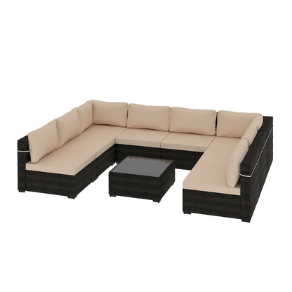UPHA 9 Pieces Patio Furniture Set Outdoor Sectional Sofa Set, Brown PE Rattan Wicker Conversation Set with Coffee Table