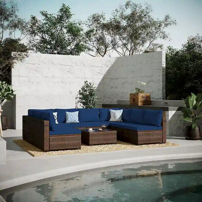 UPHA 9 Pieces Patio Furniture Set Outdoor Sectional Sofa Set, Brown PE Rattan Wicker Conversation Set with Coffee Table