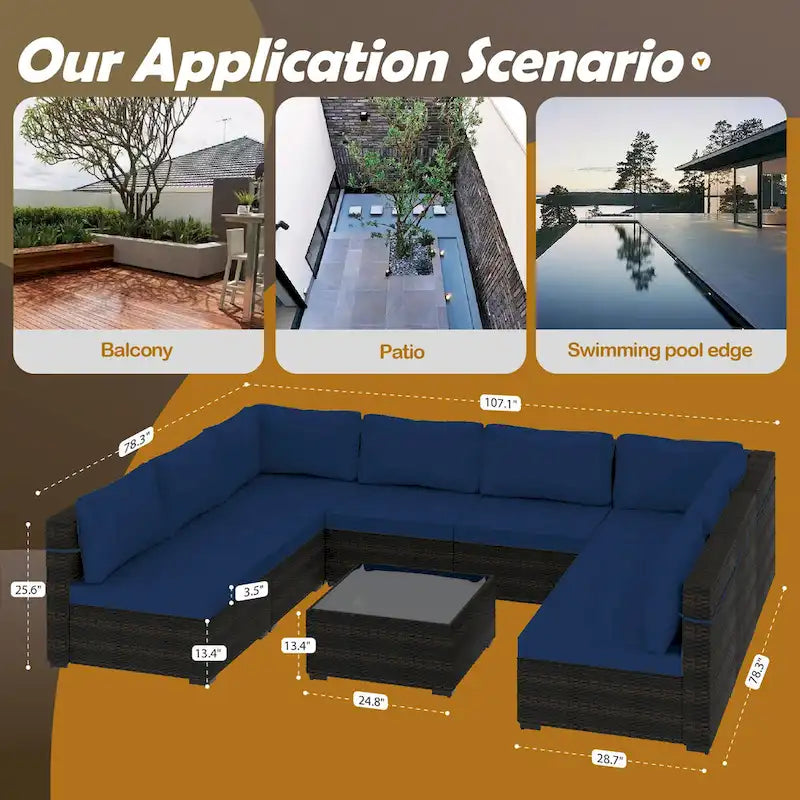 UPHA 9 Pieces Patio Furniture Set Outdoor Sectional Sofa Set, Brown PE Rattan Wicker Conversation Set with Coffee Table