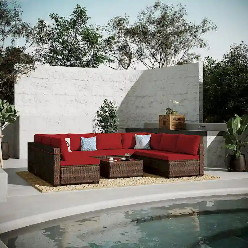 UPHA 9 Pieces Patio Furniture Set Outdoor Sectional Sofa Set, Brown PE Rattan Wicker Conversation Set with Coffee Table