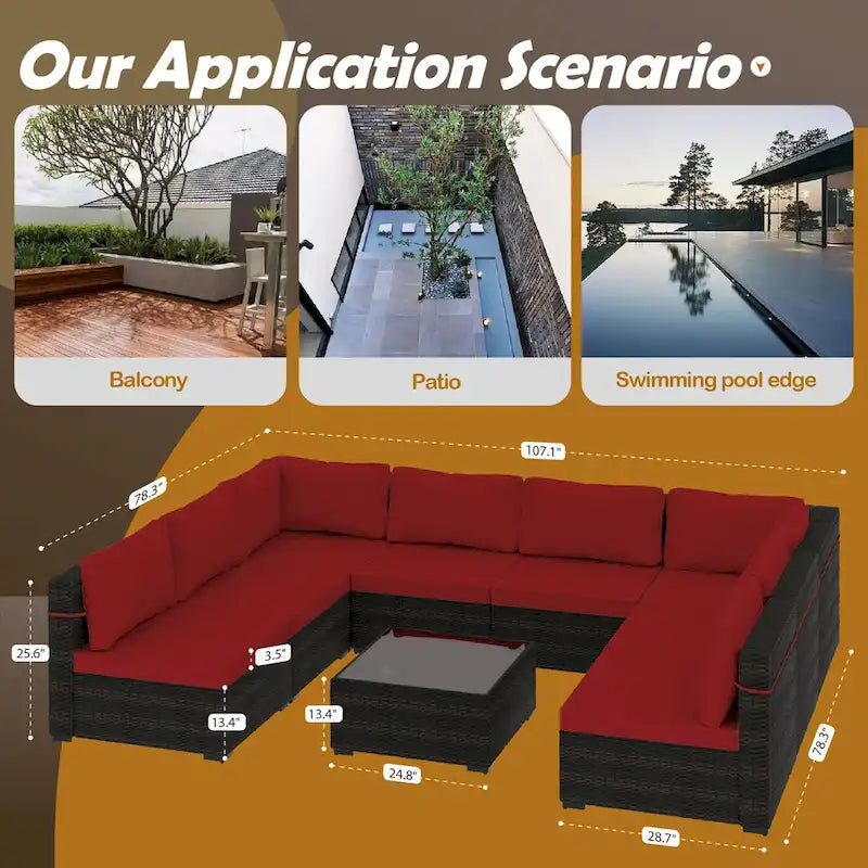 UPHA 9 Pieces Patio Furniture Set Outdoor Sectional Sofa Set, Brown PE Rattan Wicker Conversation Set with Coffee Table