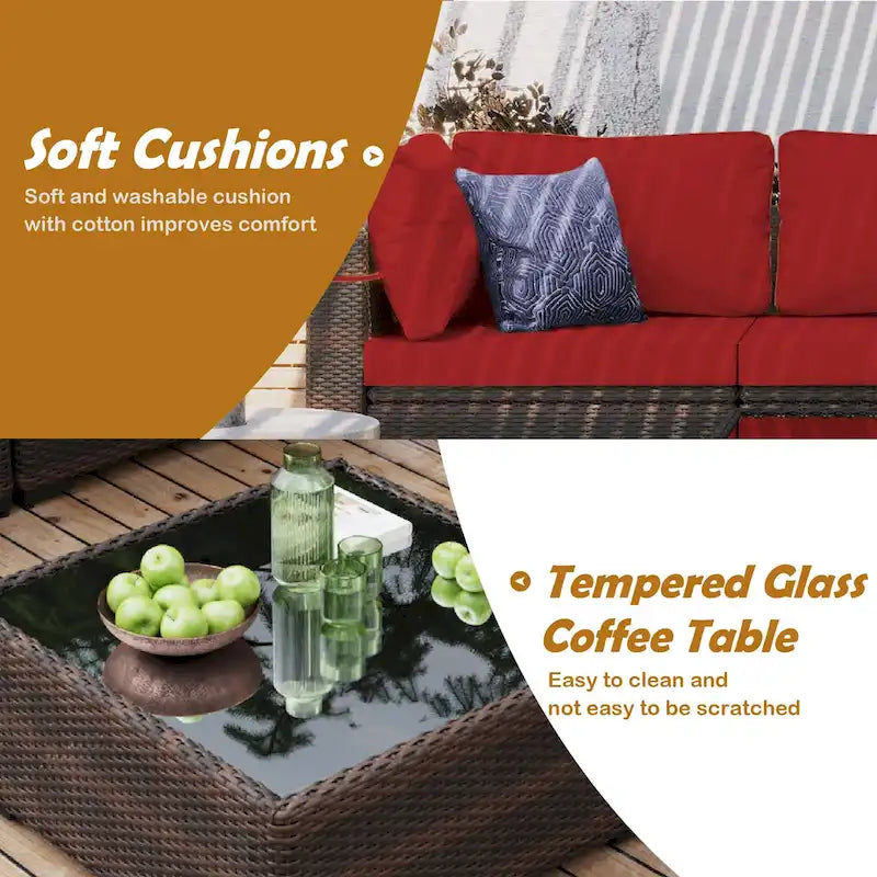 UPHA 9 Pieces Patio Furniture Set Outdoor Sectional Sofa Set, Brown PE Rattan Wicker Conversation Set with Coffee Table