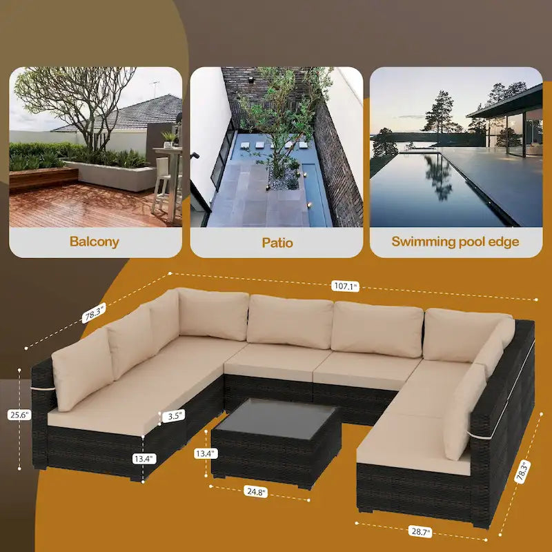 UPHA 9 Pieces Patio Furniture Set Outdoor Sectional Sofa Set, Brown PE Rattan Wicker Conversation Set with Coffee Table