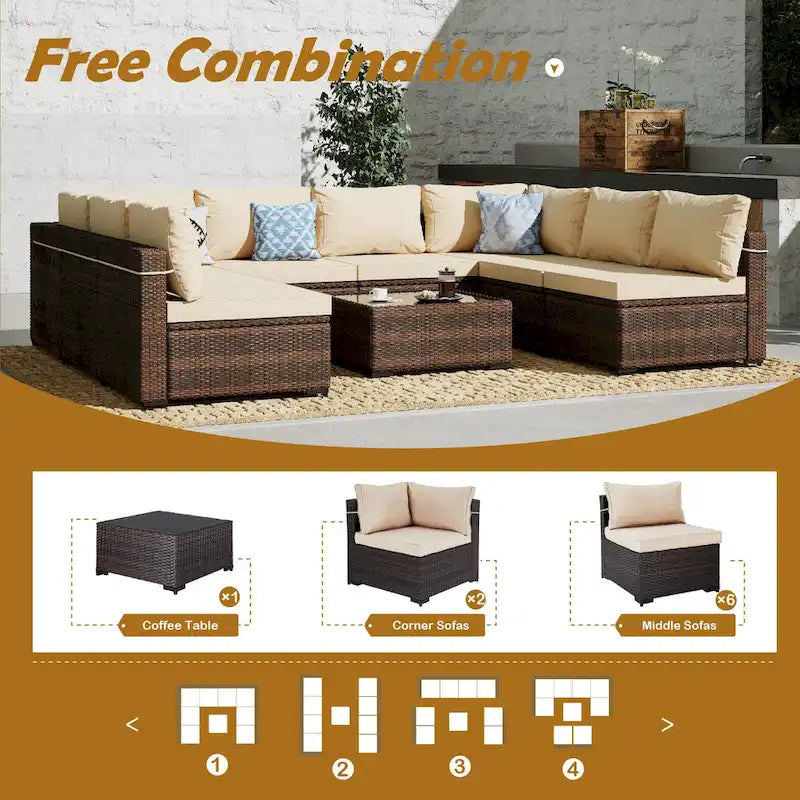 UPHA 9 Pieces Patio Furniture Set Outdoor Sectional Sofa Set, Brown PE Rattan Wicker Conversation Set with Coffee Table