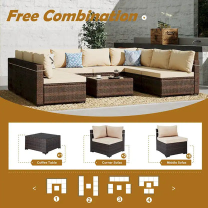 UPHA 9 Pieces Patio Furniture Set Outdoor Sectional Sofa Set, Brown PE Rattan Wicker Conversation Set with Coffee Table