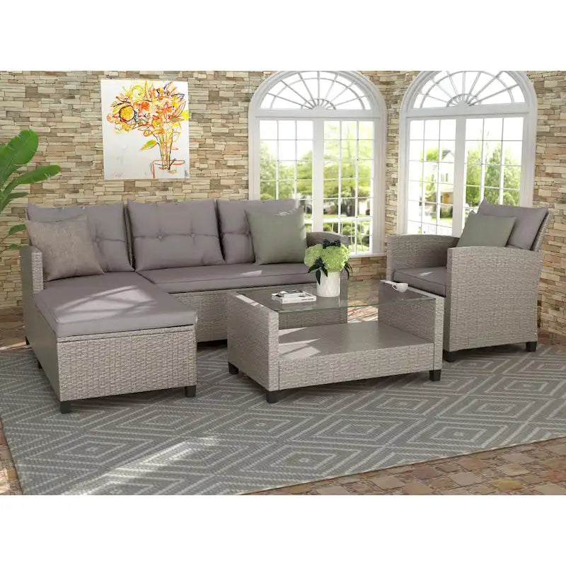 Patio Furniture Sets, 4 Piece Conversation Set Wicker Rattan Sectional Sofa