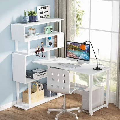 Rotating L Shaped Desk with Storage Bookshelf for Home Office