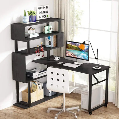 Rotating L Shaped Desk with Storage Bookshelf for Home Office