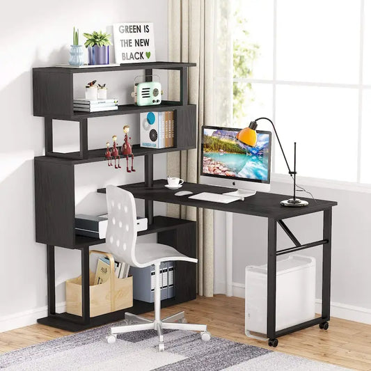Rotating L Shaped Desk with Storage Bookshelf for Home Office