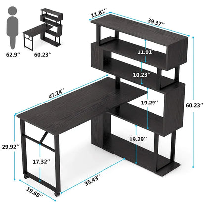 Rotating L Shaped Desk with Storage Bookshelf for Home Office