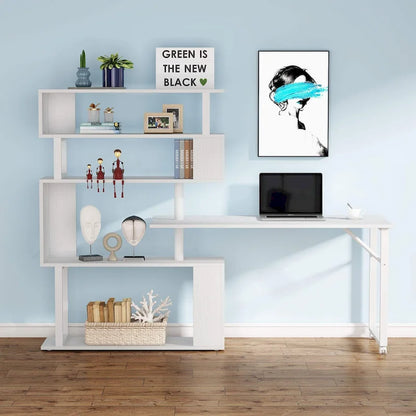 Rotating L Shaped Desk with Storage Bookshelf for Home Office