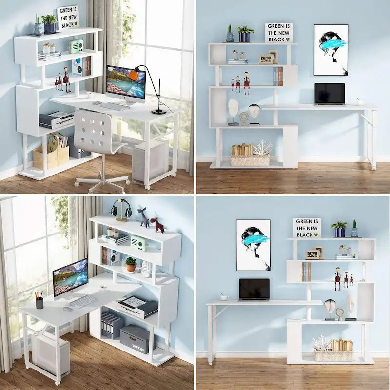 Rotating L Shaped Desk with Storage Bookshelf for Home Office