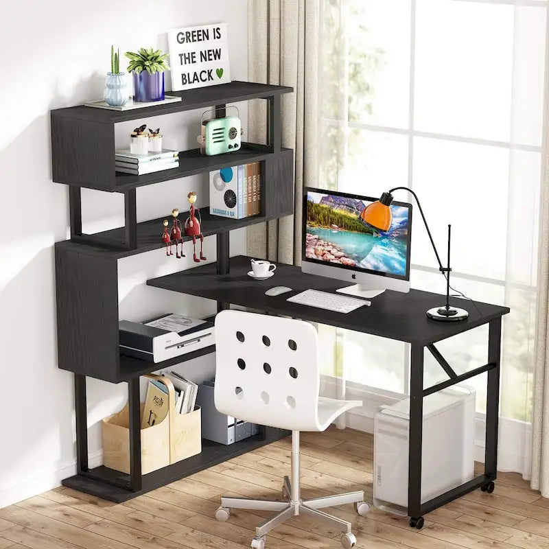 Rotating L Shaped Desk with Storage Bookshelf for Home Office
