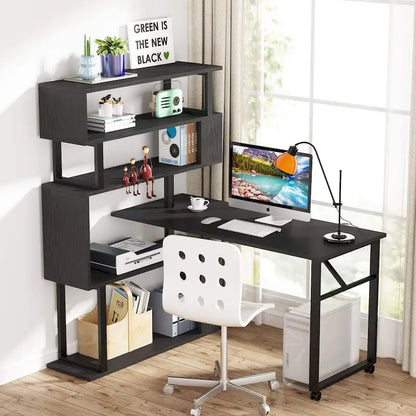 Rotating L Shaped Desk with Storage Bookshelf for Home Office