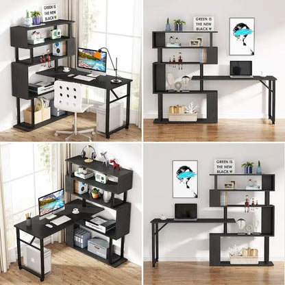 Rotating L Shaped Desk with Storage Bookshelf for Home Office