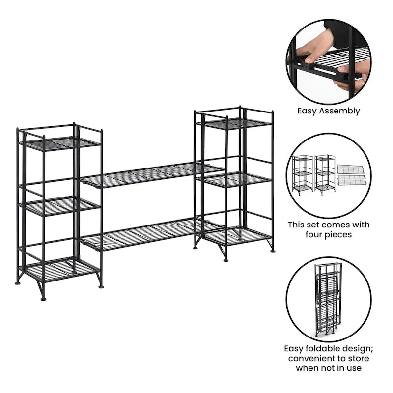 Xtra Storage 3 Tier Folding Metal Shelves with Set of 2 Deluxe Extension Shelves
