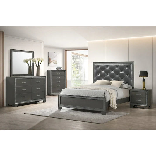 Hoyt 5 Piece Dark Gray Faux Leather Upholstered Tufted Panel Bedroom Set