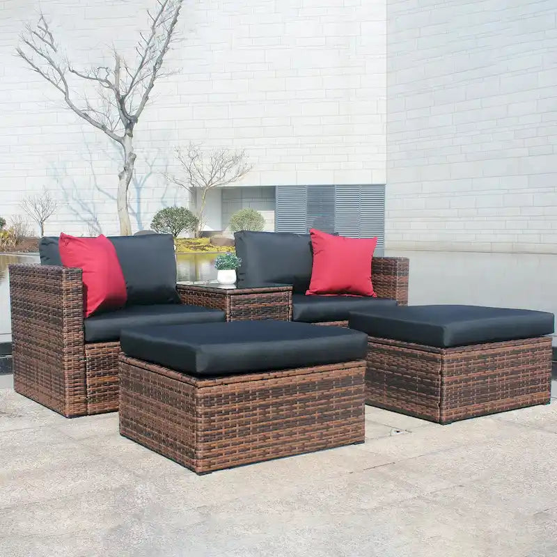 5 Piece Outdoor Wicker Sectional Conversation Sofa Set with Black Cushions and Red Pillows
