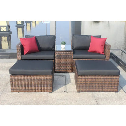 5 Piece Outdoor Wicker Sectional Conversation Sofa Set with Black Cushions and Red Pillows