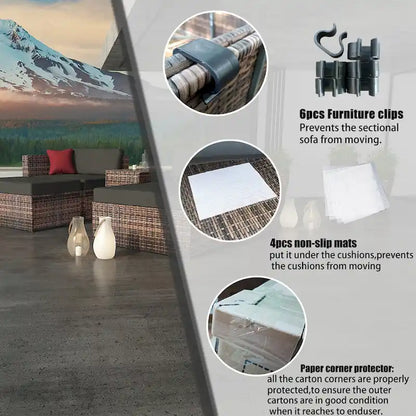 5 Piece Outdoor Wicker Sectional Conversation Sofa Set with Black Cushions and Red Pillows