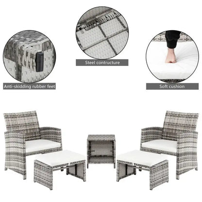 5 Piece Coastal Style Gray Rattan Conversation Set with White Cushions