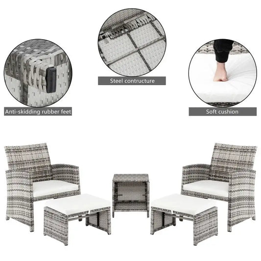 5 Piece Coastal Style Gray Rattan Conversation Set with White Cushions