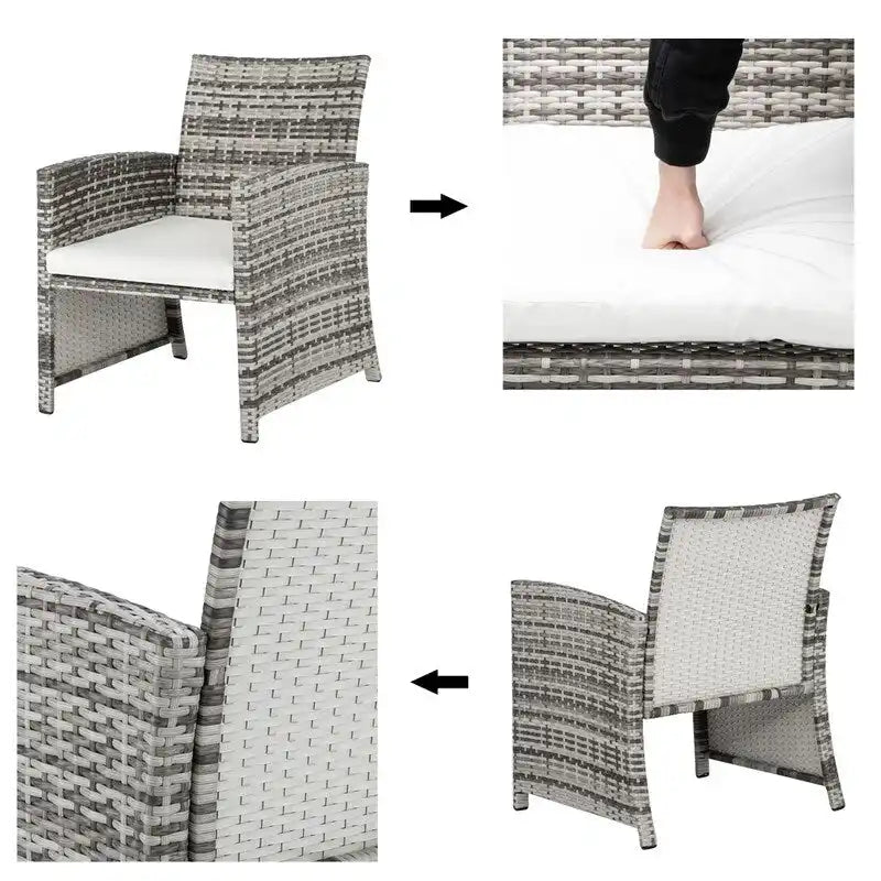 5 Piece Coastal Style Gray Rattan Conversation Set with White Cushions