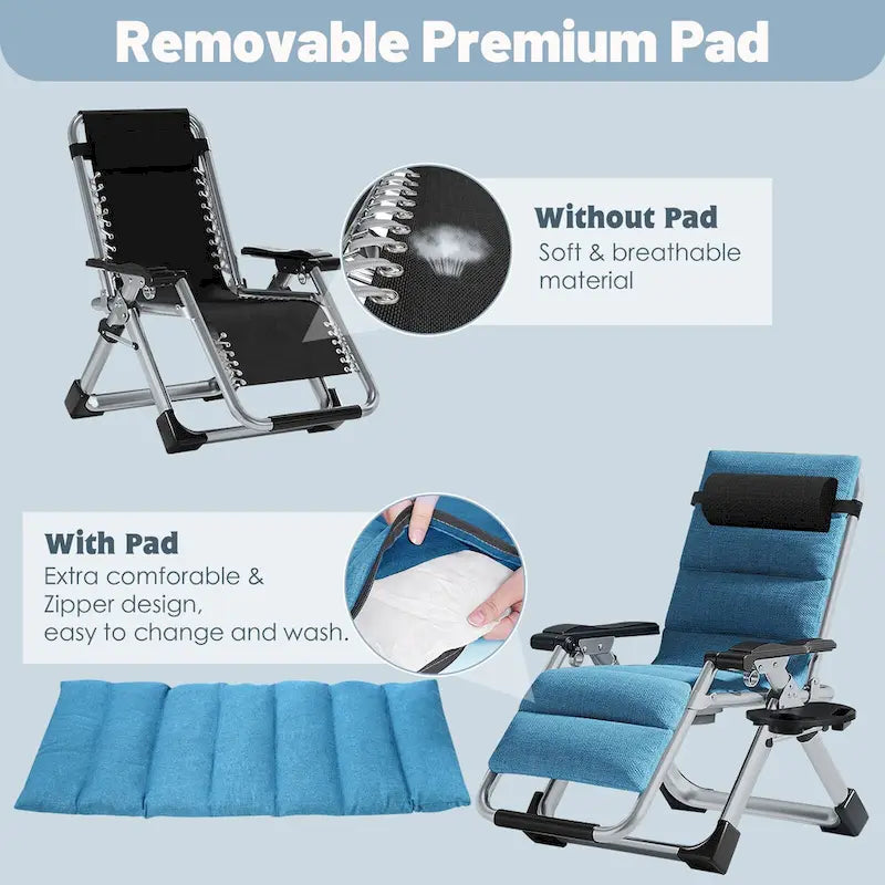 DoCred Folding Outdoor Zero Gravity Chair, with Cushion, Pillow, Blue