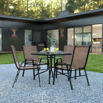 5 Piece Patio Dining Set - Glass Table, 4 Flex Stack Chairs
