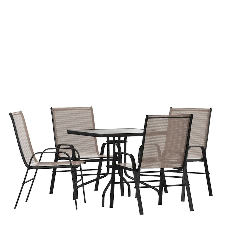 5 Piece Patio Dining Set - Glass Table, 4 Flex Stack Chairs