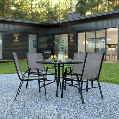 5 Piece Patio Dining Set - Glass Table, 4 Flex Stack Chairs