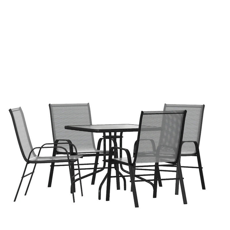 5 Piece Patio Dining Set - Glass Table, 4 Flex Stack Chairs
